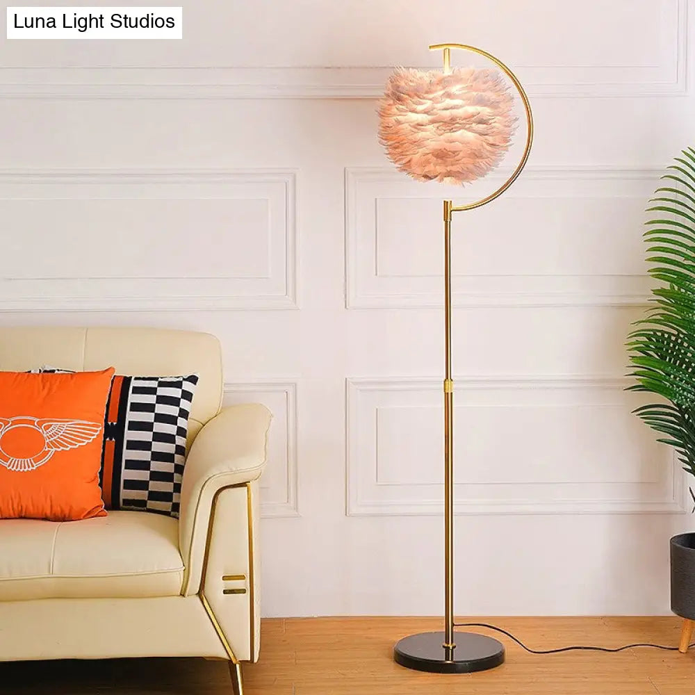 Nordic Feather Ball Shade Floor Lamp With Adjustable Height And Wooden Tray