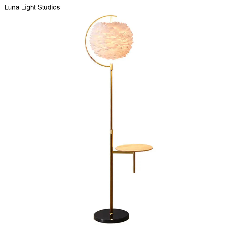 Nordic Feather Ball Shade Floor Lamp With Adjustable Height And Wooden Tray