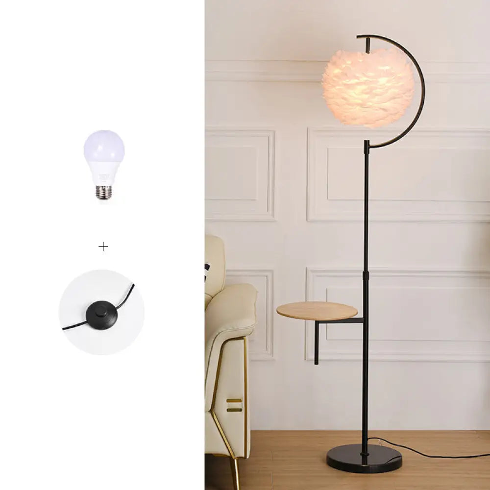 Nordic Feather Ball Shade Floor Lamp With Adjustable Height And Wooden Tray Black / White