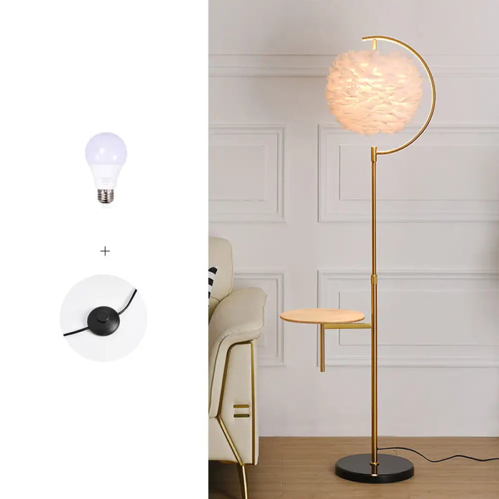 Nordic Feather Ball Shade Floor Lamp With Adjustable Height And Wooden Tray Gold / White