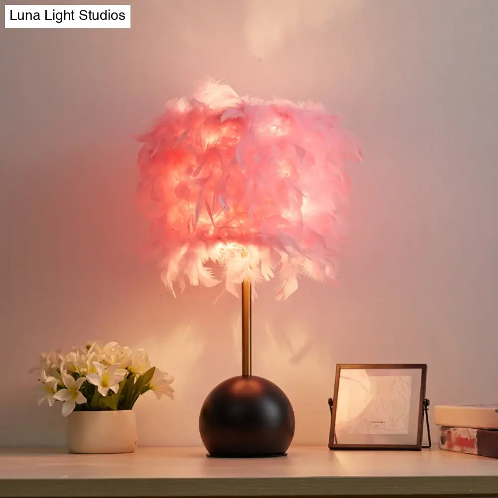 Nordic Feather Cylinder Nightstand Light - Bedroom Table Lamp With Dome Pedestal