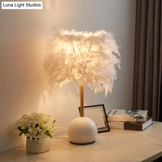 Nordic Feather Cylinder Nightstand Light - Bedroom Table Lamp With Dome Pedestal