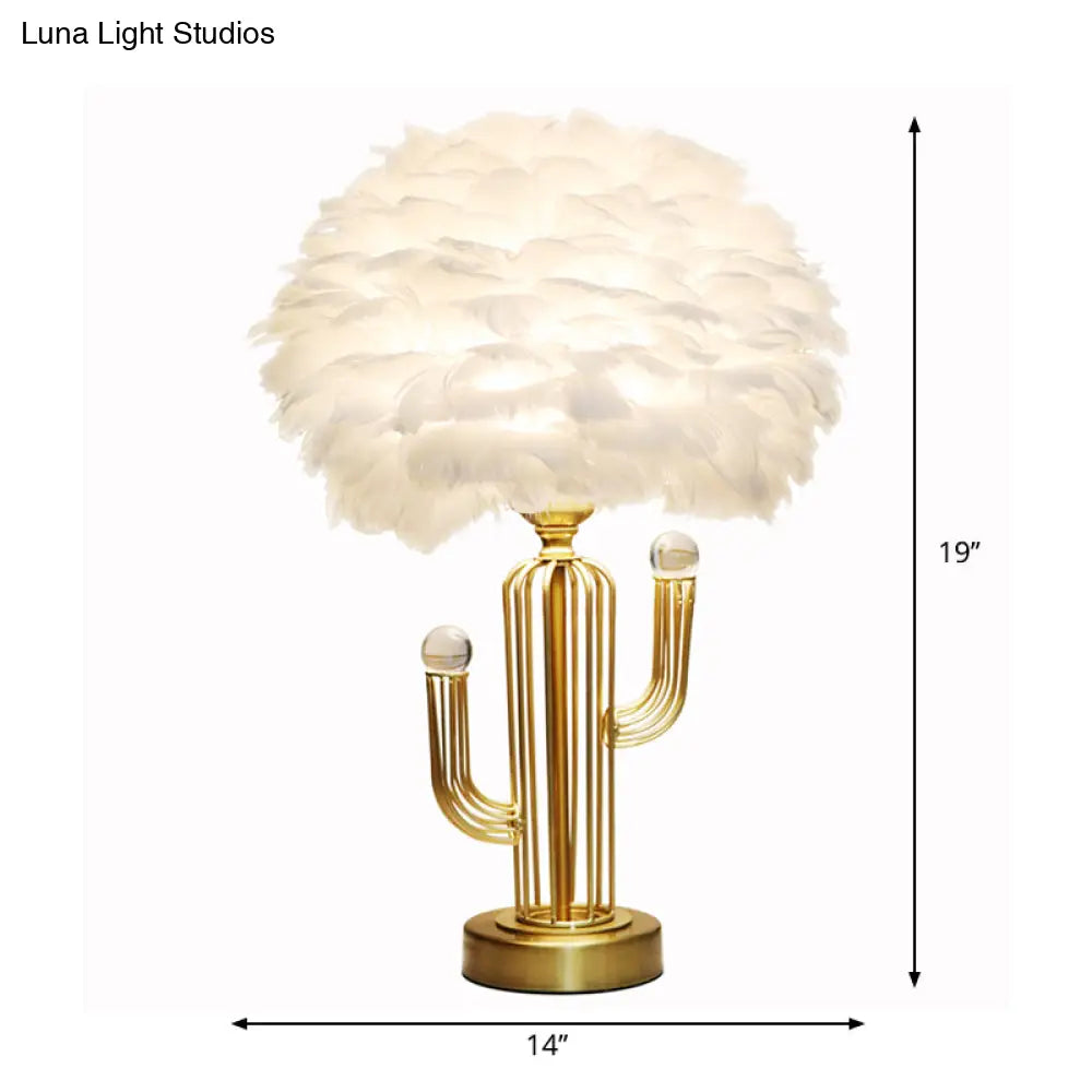 Nordic Feather Desk Lamp - Modern White Table Light With Metal Base & Clear Crystal Orbit Decor