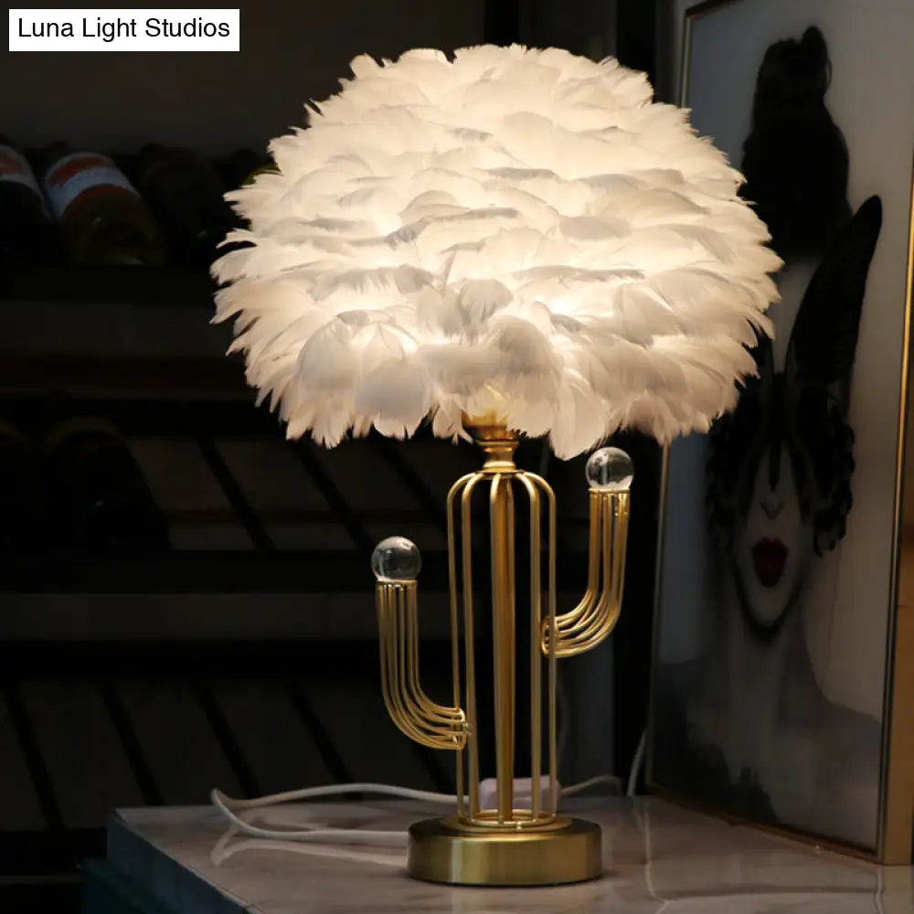 Nordic Feather Desk Lamp - Modern White Table Light With Metal Base & Clear Crystal Orbit Decor