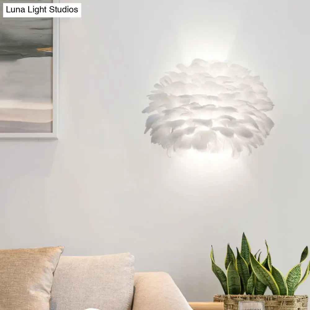 Nordic Feather Flush Mount Wall Sconce For Bedroom - White Half-Globe Up-Down Light