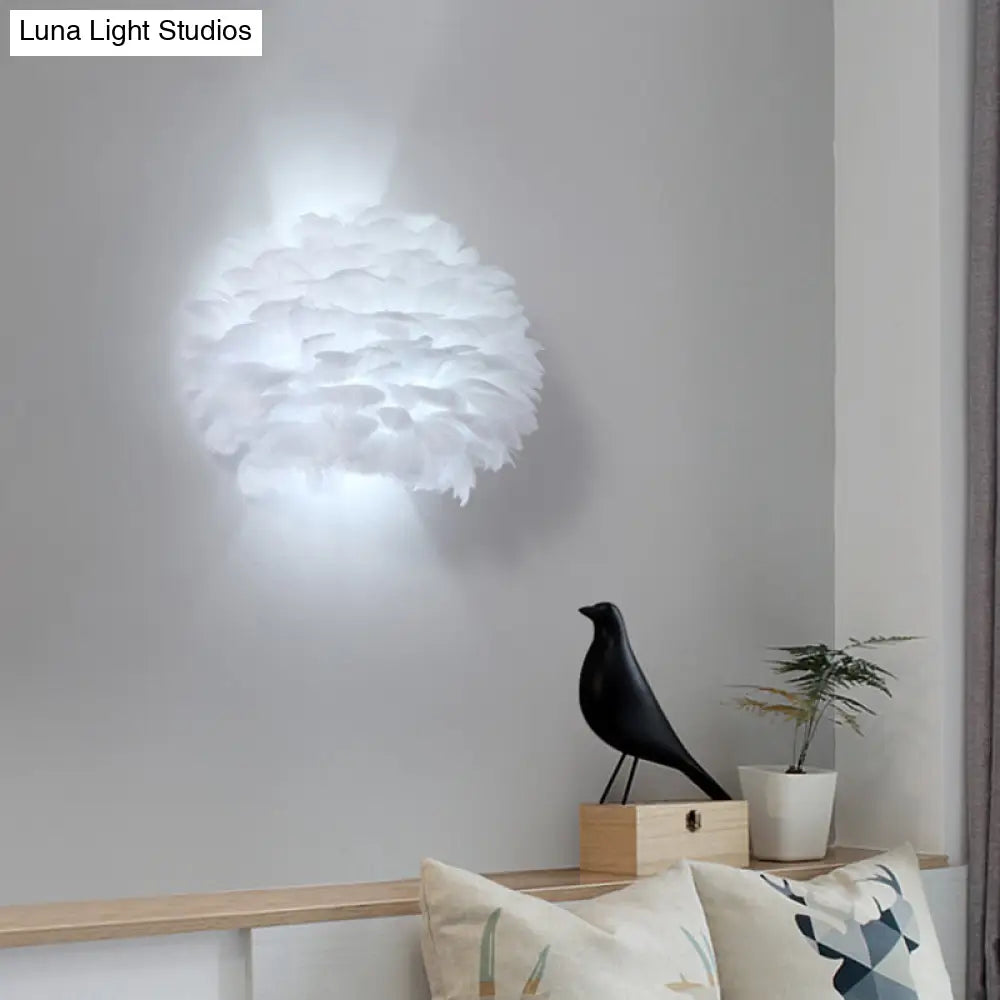 Nordic Feather Flush Mount Wall Sconce For Bedroom - White Half-Globe Up-Down Light