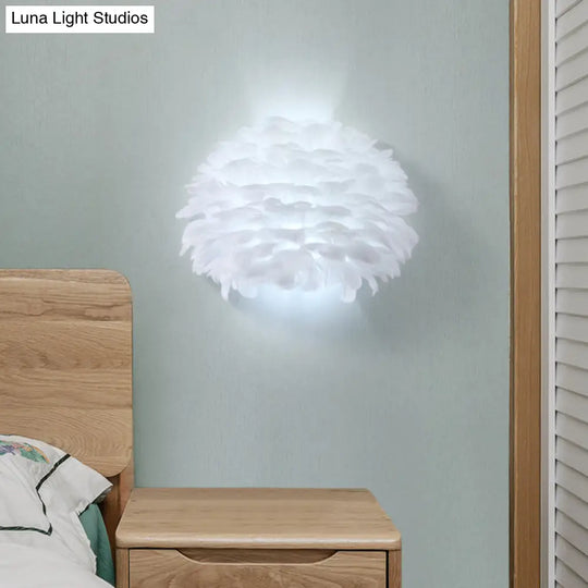 Nordic Feather Flush Mount Wall Sconce For Bedroom - White Half-Globe Up-Down Light