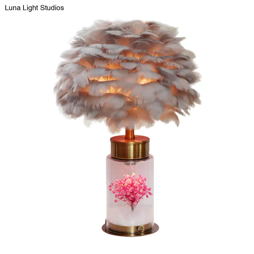 Nordic Feather Globe Study Lamp With Bottle Base And Inner Flower Decor - Grey/White/Pink