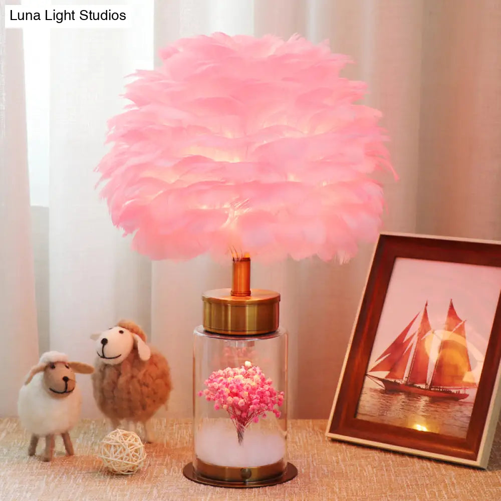 Nordic Feather Globe Study Lamp With Bottle Base And Inner Flower Decor - Grey/White/Pink