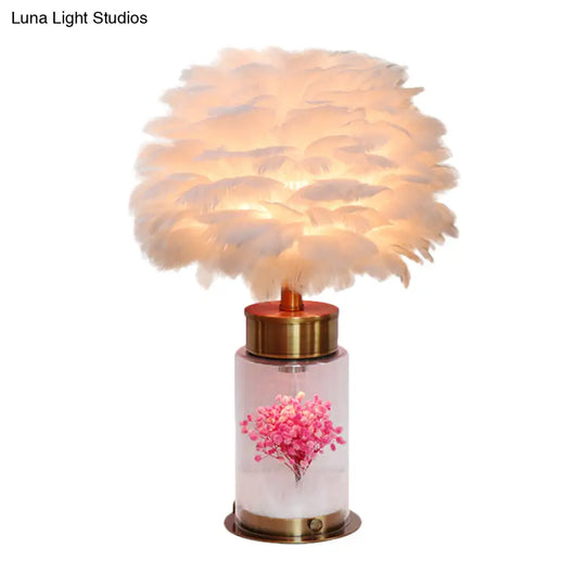 Nordic Feather Globe Study Lamp With Bottle Base And Inner Flower Decor - Grey/White/Pink