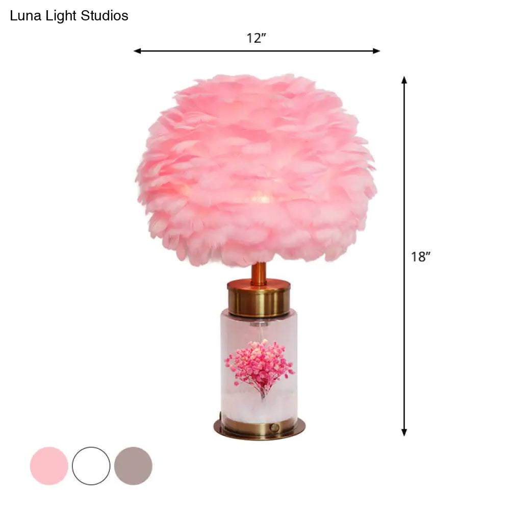 Nordic Feather Globe Study Lamp With Bottle Base And Inner Flower Decor - Grey/White/Pink