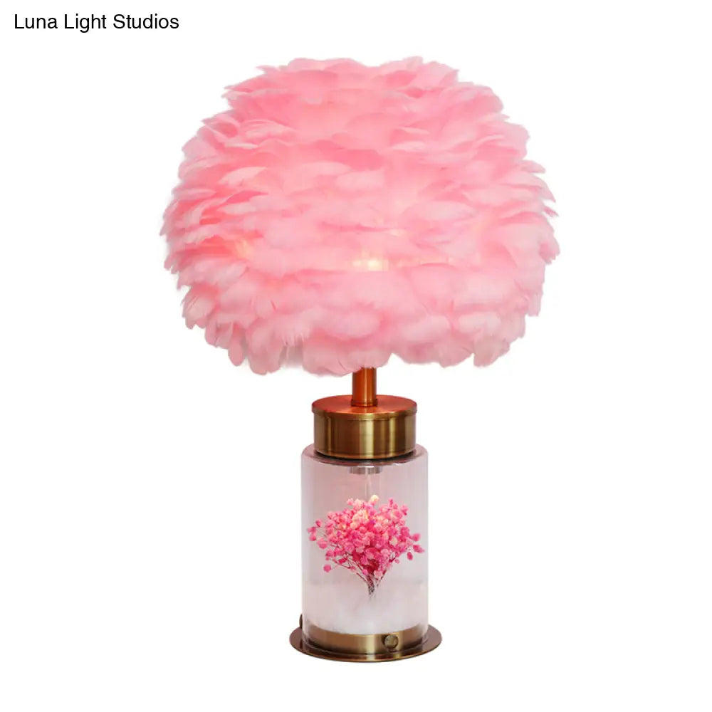 Nordic Feather Globe Study Lamp With Bottle Base And Inner Flower Decor - Grey/White/Pink