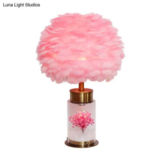 Nordic Feather Globe Study Lamp With Bottle Base And Inner Flower Decor - Grey/White/Pink