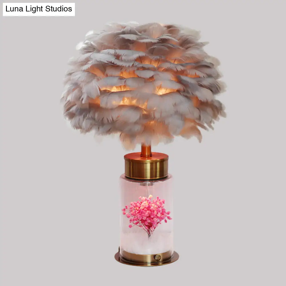 Nordic Feather Globe Study Lamp With Bottle Base And Inner Flower Decor - Grey/White/Pink