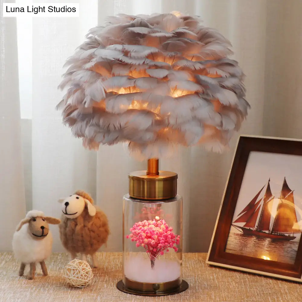 Nordic Feather Globe Study Lamp With Bottle Base And Inner Flower Decor - Grey/White/Pink