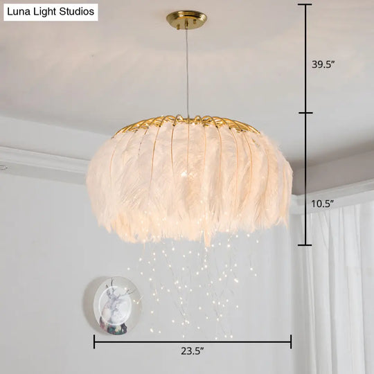 Nordic Feather Round Chandelier - Led Pendant Light For Bedroom With Firefly String