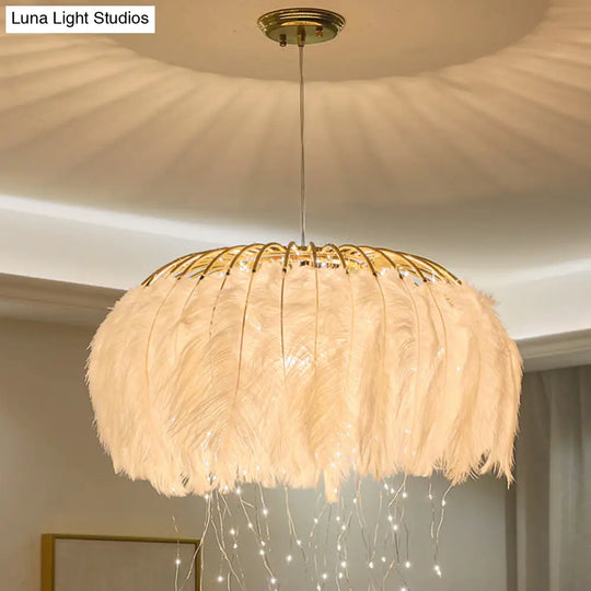 Nordic Feather Round Chandelier - Led Pendant Light For Bedroom With Firefly String