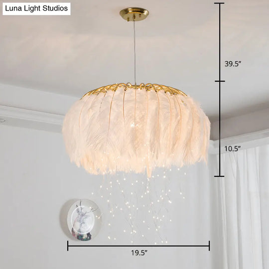Nordic Feather Bedroom Ceiling Pendant Light: Round Chandelier With Firefly Led String