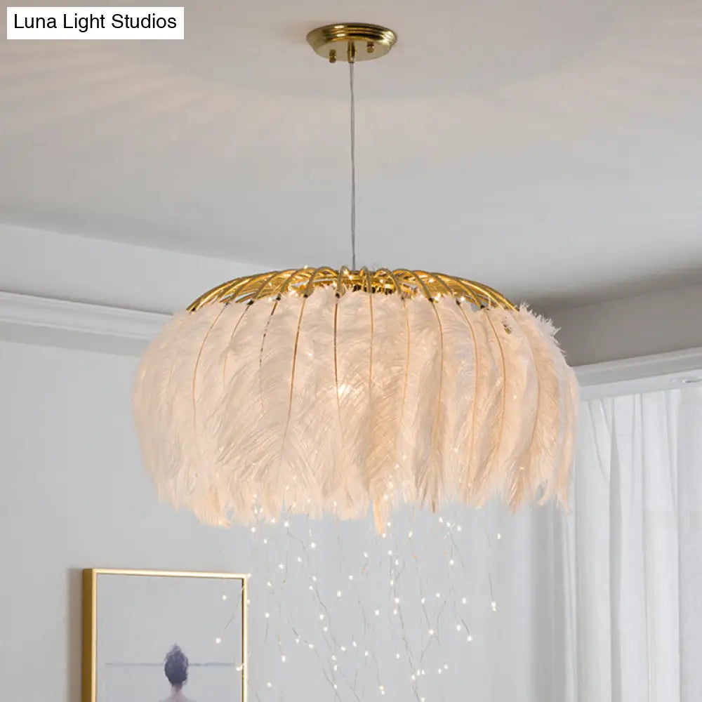 Nordic Feather Bedroom Ceiling Pendant Light: Round Chandelier With Firefly Led String White / 19.5