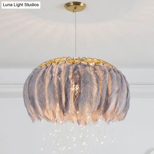Nordic Feather Bedroom Ceiling Pendant Light: Round Chandelier With Firefly Led String Grey / 19.5
