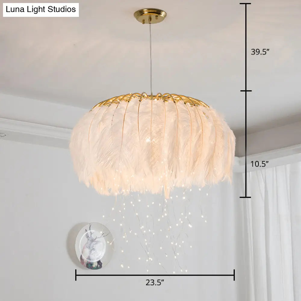 Nordic Feather Bedroom Ceiling Pendant Light: Round Chandelier With Firefly Led String
