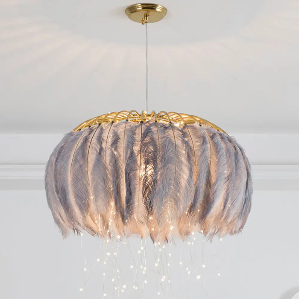 Nordic Feather Round Chandelier - Led Pendant Light For Bedroom With Firefly String Grey / 19.5’