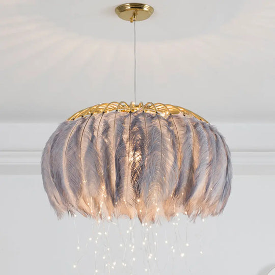 Nordic Feather Round Chandelier - Led Pendant Light For Bedroom With Firefly String Grey / 19.5’