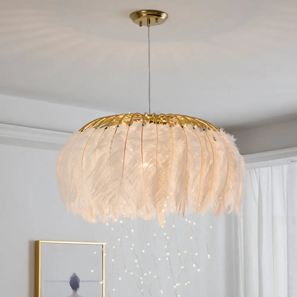 Nordic Feather Round Chandelier - Led Pendant Light For Bedroom With Firefly String White / 19.5’