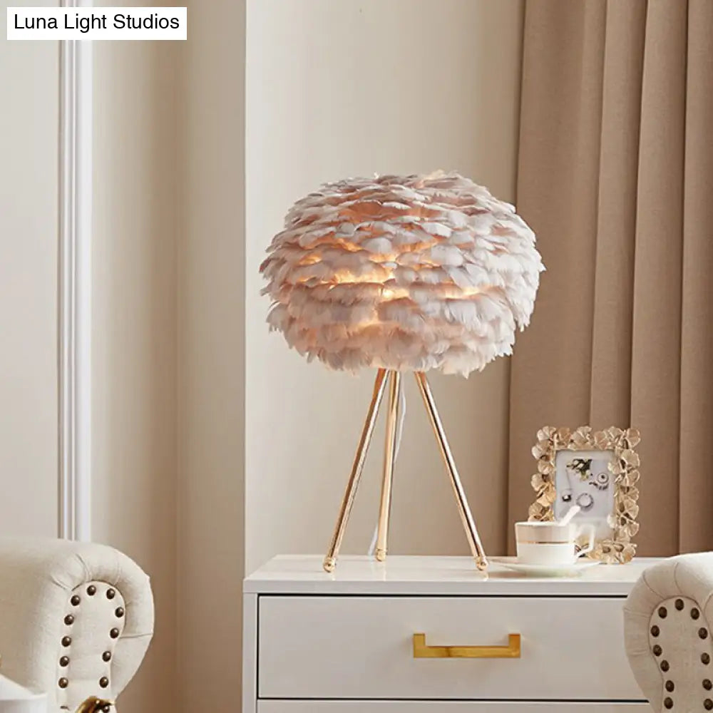 Nordic Feather Sphere Table Lamp With Metallic Tripod - Perfect Nightstand Lighting For Living Room