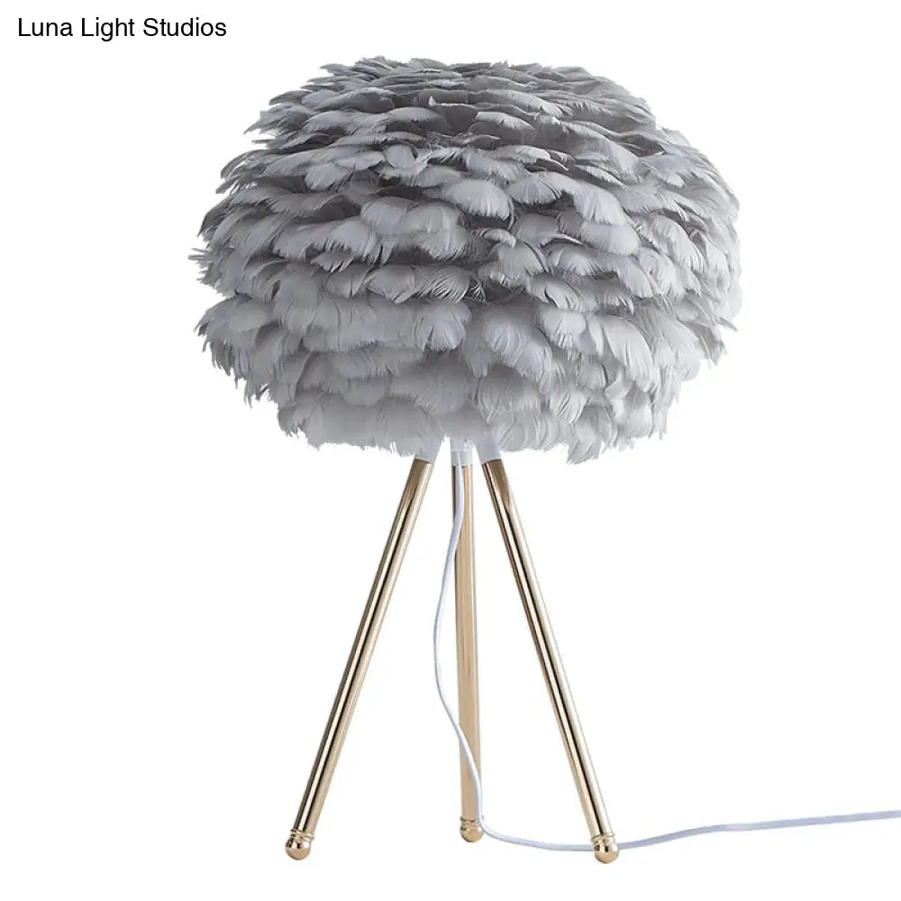 Nordic Feather Sphere Table Lamp With Metallic Tripod - Perfect Nightstand Lighting For Living Room