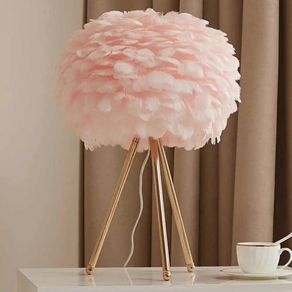 Nordic Feather Sphere Table Lamp With Metallic Tripod - Perfect Nightstand Lighting For Living Room