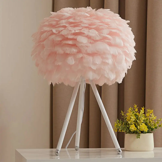 Nordic Feather Sphere Table Lamp With Metallic Tripod - Perfect Nightstand Lighting For Living Room