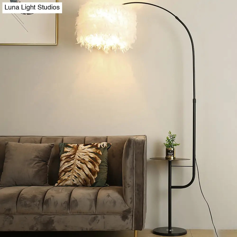 Nordic Feather Standing Lamp: Drum-Shaped 1-Bulb Gooseneck Floor Light Black/White - With/Without