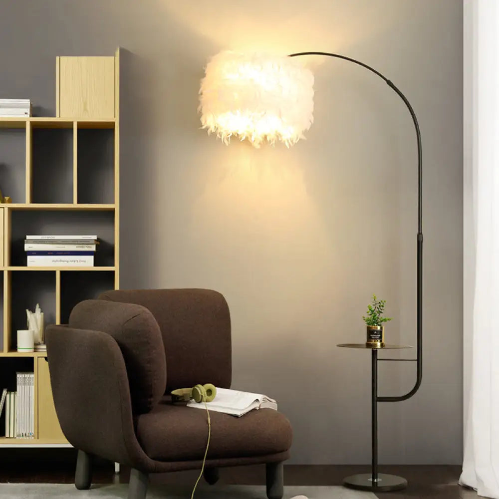 Nordic Feather Standing Lamp: Drum-Shaped 1-Bulb Gooseneck Floor Light Black/White - With/Without