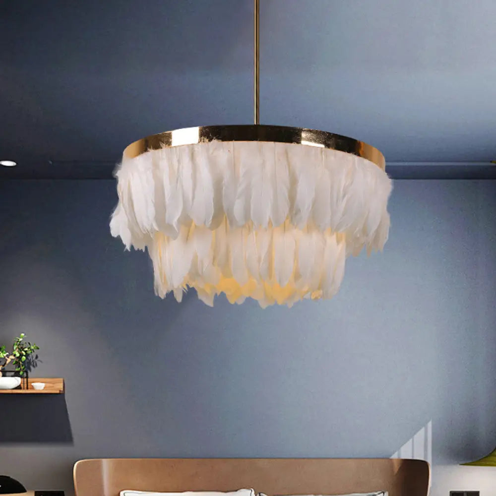 Nordic Feather Tiered Chandelier - 16/19.5 W 3 Bulbs Grey/White/Red Pendant Light For Bedroom White