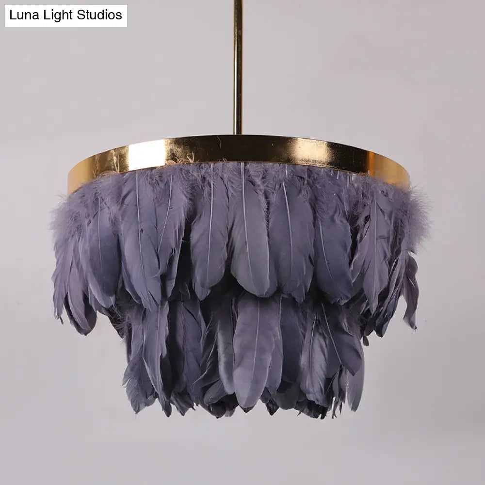 Nordic Feather Tiered Chandelier - 16/19.5 W 3 Bulbs Grey/White/Red Pendant Light For Bedroom