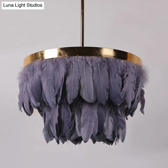 Nordic Feather Tiered Chandelier - 16/19.5 W 3 Bulbs Grey/White/Red Pendant Light For Bedroom