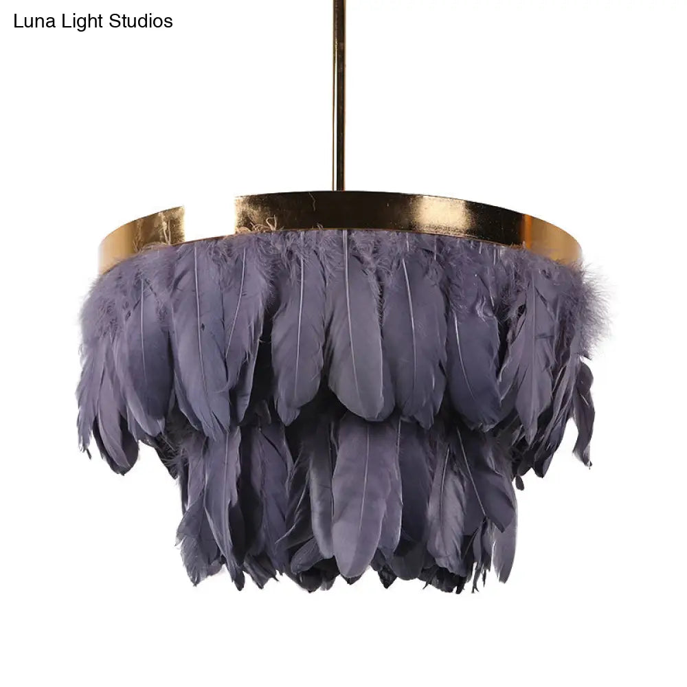 Nordic Feather Tiered Chandelier - 16/19.5 W 3 Bulbs Grey/White/Red Pendant Light For Bedroom