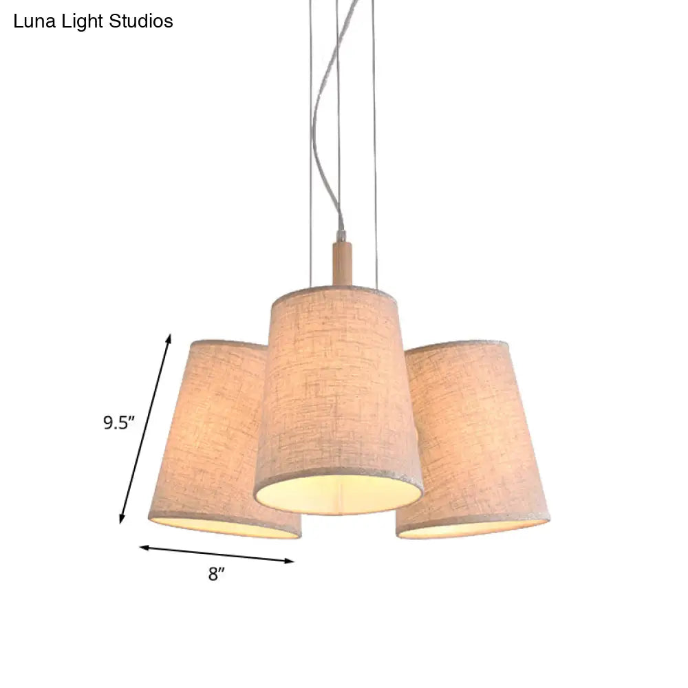 Nordic 3-Light Flaxen Cluster Pendant With Barrel Shaped Fabric Shade - Ideal For Dining Room