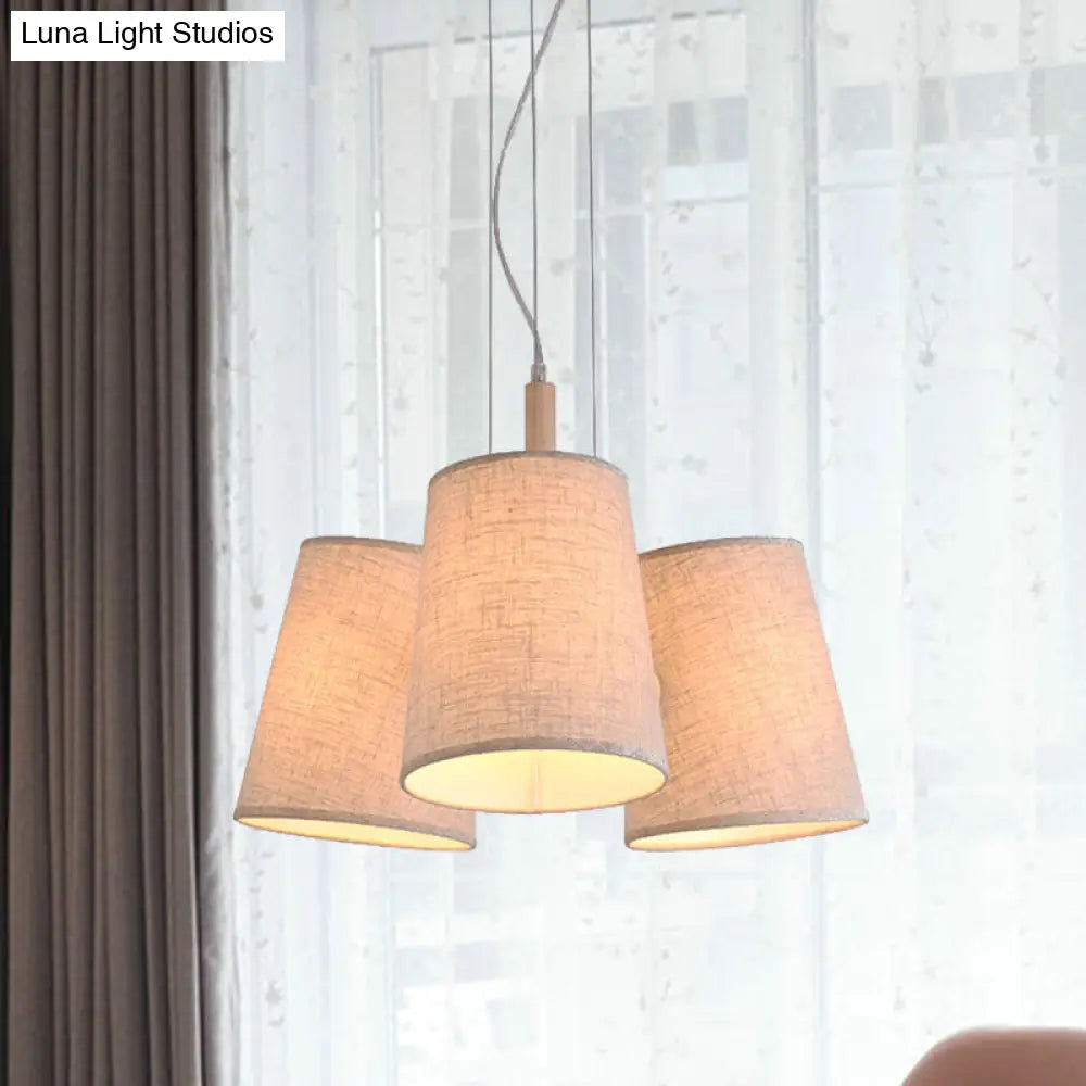 Nordic 3-Light Flaxen Cluster Pendant With Barrel Shaped Fabric Shade - Ideal For Dining Room