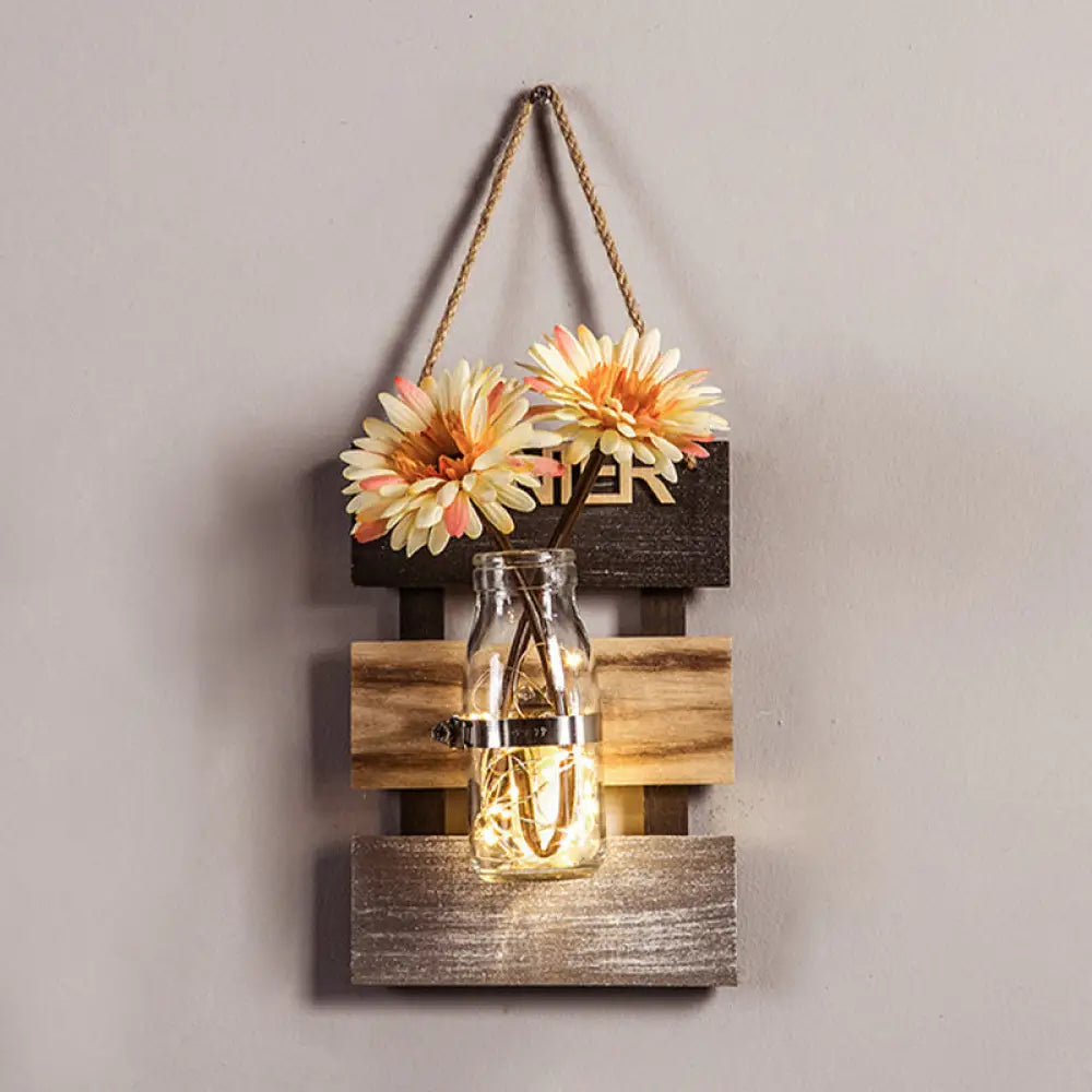 Nordic Flower Accent String Light: Tea Shop Clear Glass Jar Wall Lamp (Pink/White/Yellow) Pink