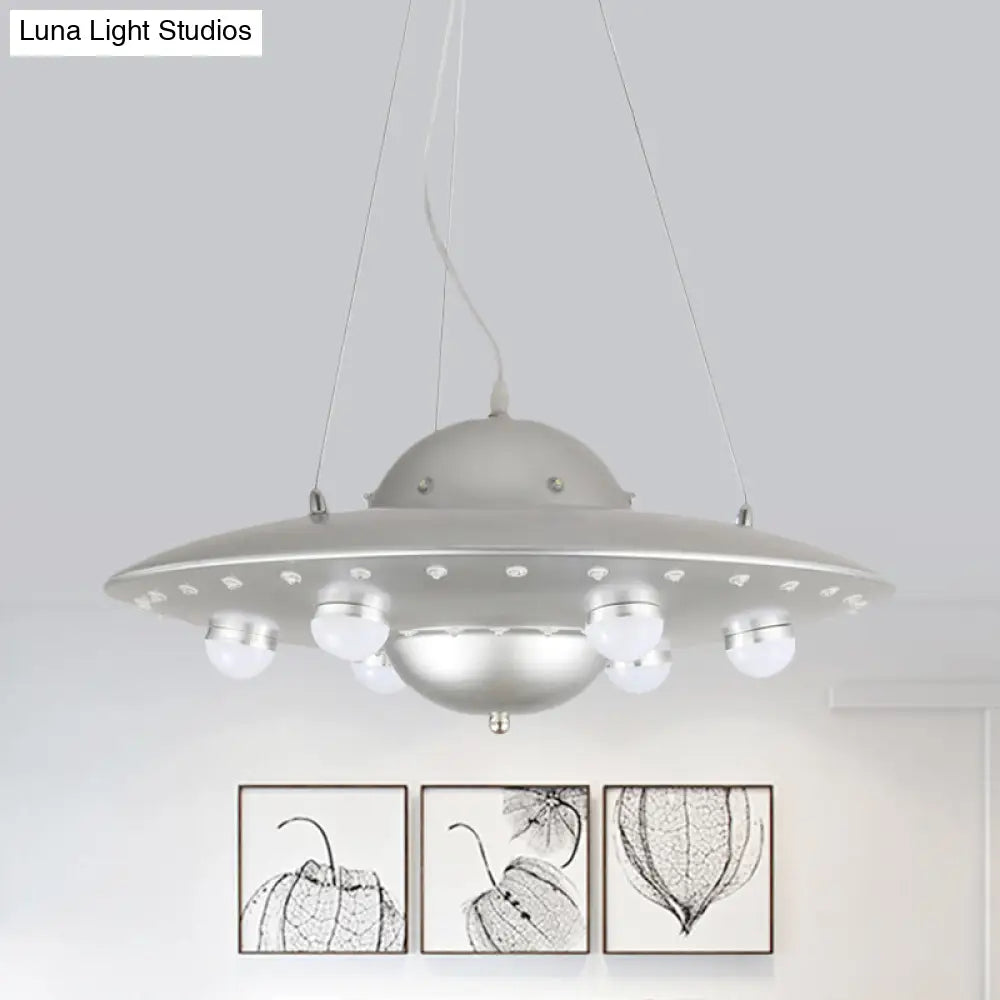 Nordic Flying Saucer Led Chandelier For Childs Bedroom - Metallic Pendant Lamp In Grey/Pink/Blue