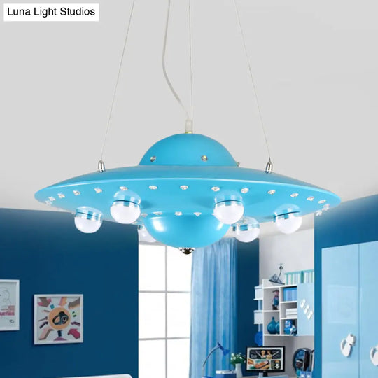 Nordic Flying Saucer Led Chandelier For Childs Bedroom - Metallic Pendant Lamp In Grey/Pink/Blue