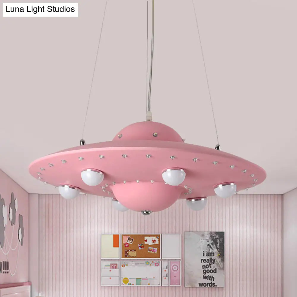 Nordic Flying Saucer Led Chandelier For Childs Bedroom - Metallic Pendant Lamp In Grey/Pink/Blue