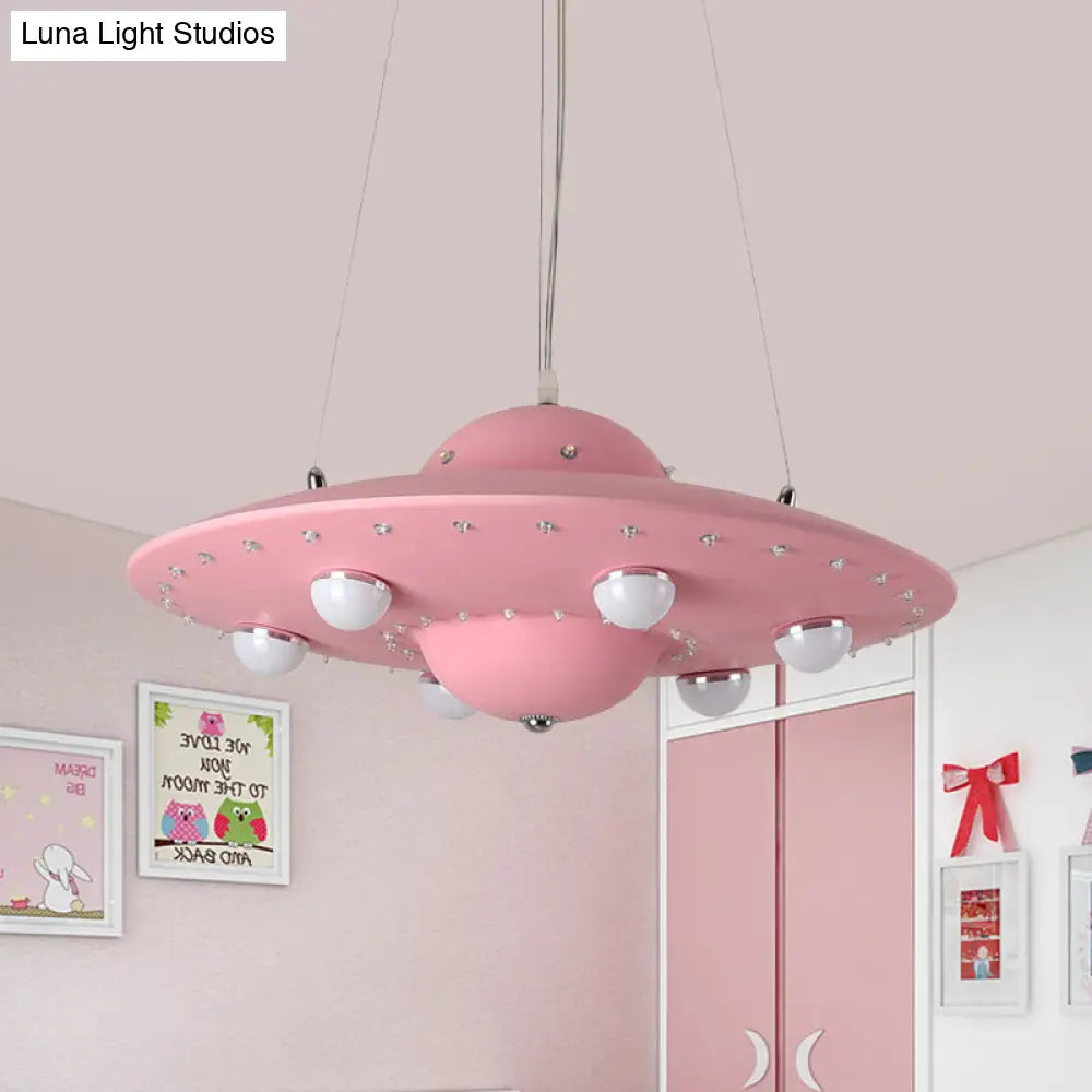 Nordic Flying Saucer Led Chandelier For Childs Bedroom - Metallic Pendant Lamp In Grey/Pink/Blue