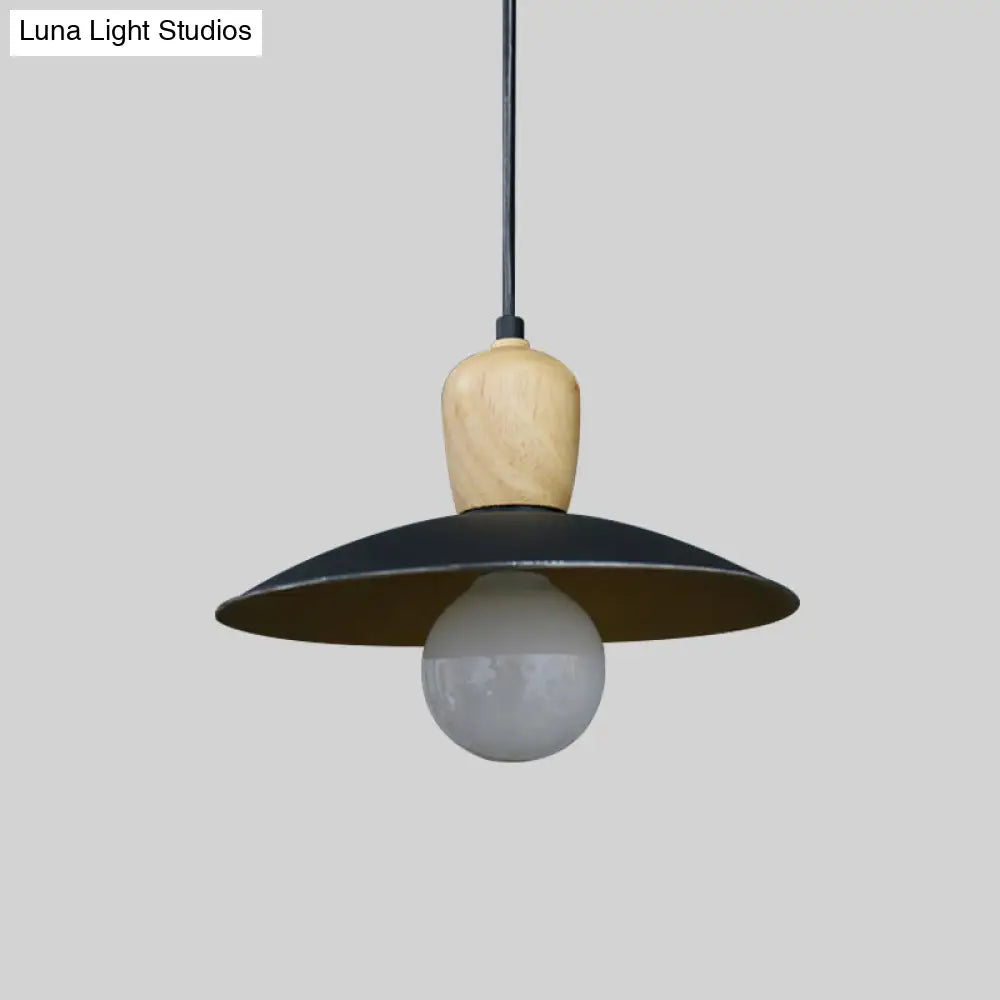 Nordic Flying Saucer Pendant Lamp - Single Bulb Pendulum Light In White/Black-Wood