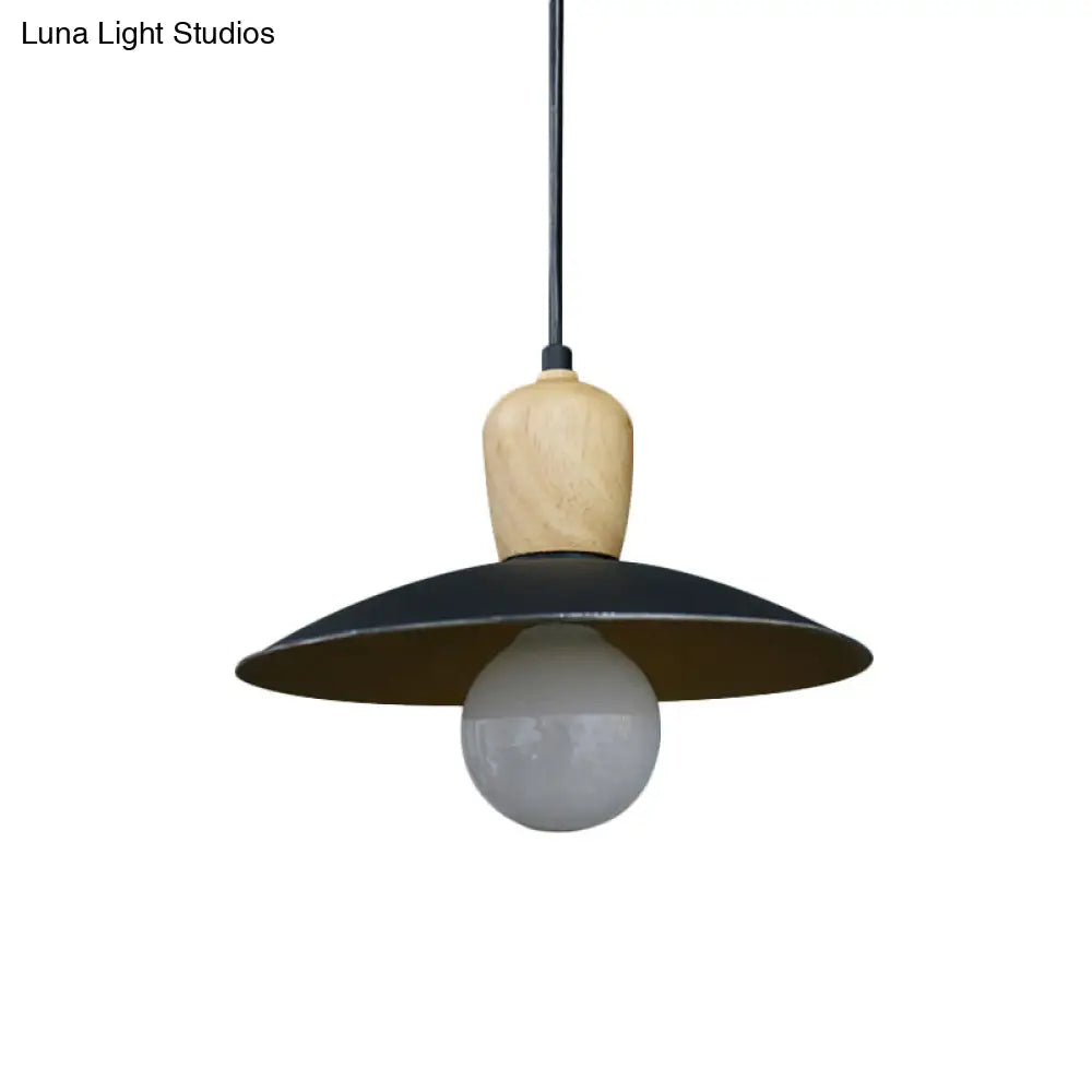 Nordic Flying Saucer Pendant Lamp: Single Bulb Iron Pendulum Light In White/Black-Wood