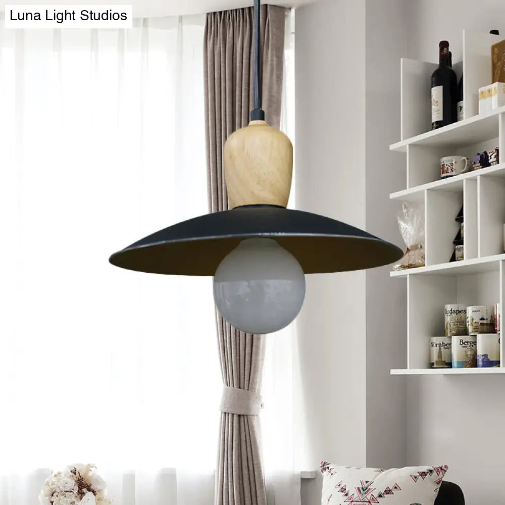 Nordic Flying Saucer Pendant Lamp: Single Bulb Iron Pendulum Light In White/Black-Wood