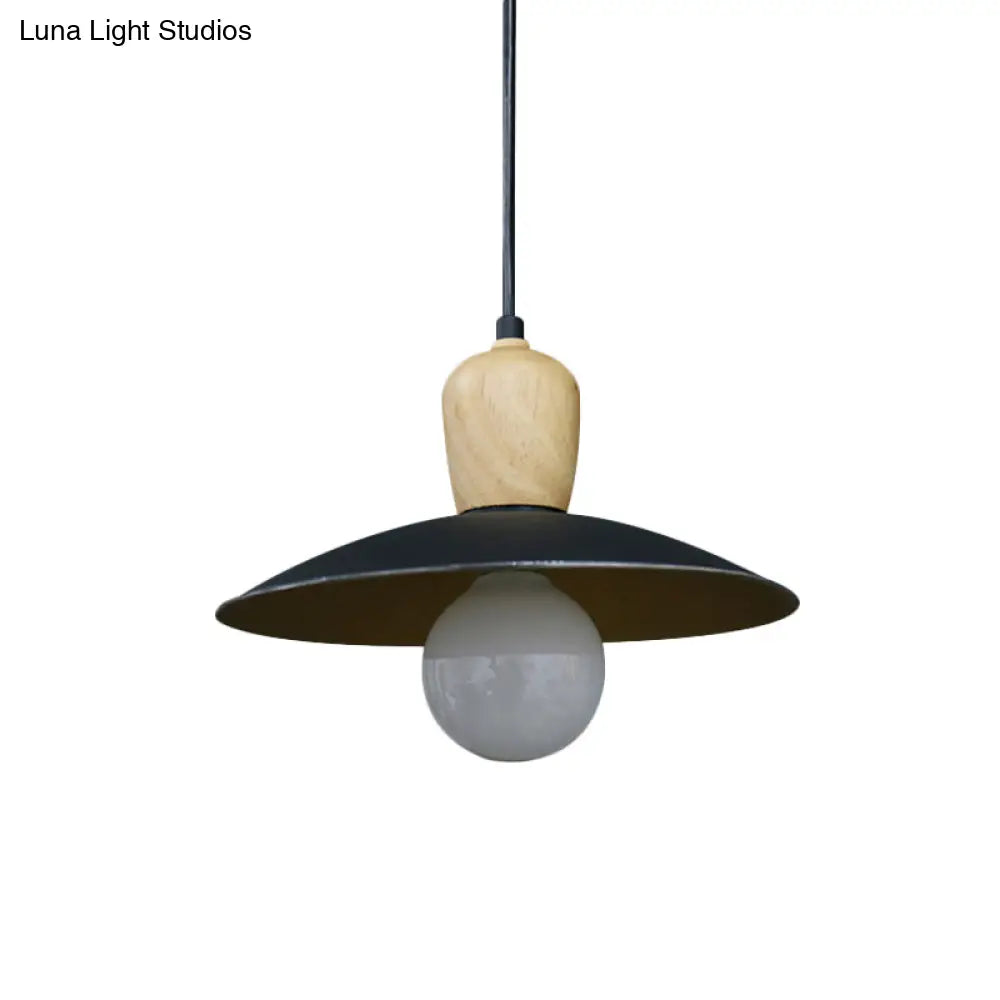 Nordic Flying Saucer Pendant Lamp - Single Bulb Pendulum Light In White/Black-Wood