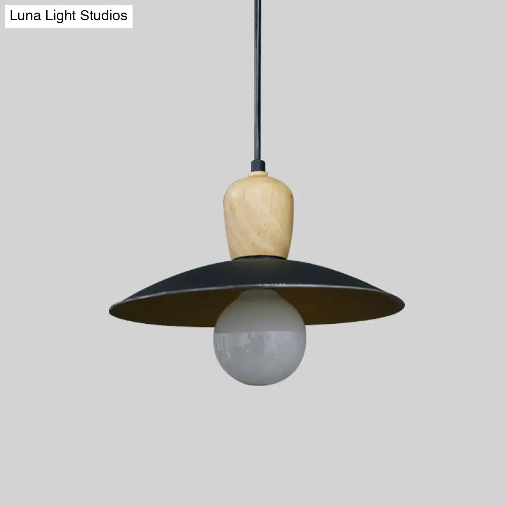 Nordic Flying Saucer Pendant Lamp: Single Bulb Iron Pendulum Light In White/Black-Wood